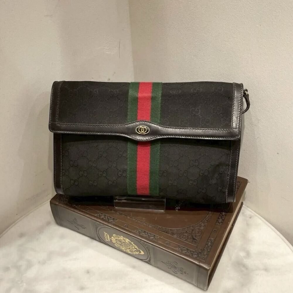 Gucci GG Canvas Sherry Line Shoulder Bag Web Black